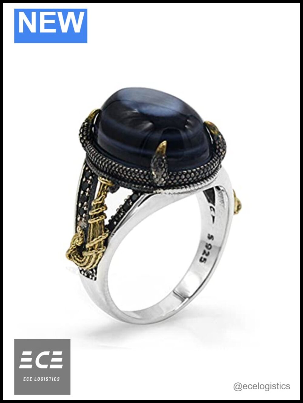 925 Sterling Silver Agate Evil Eye Ring Punk Statement Unisex